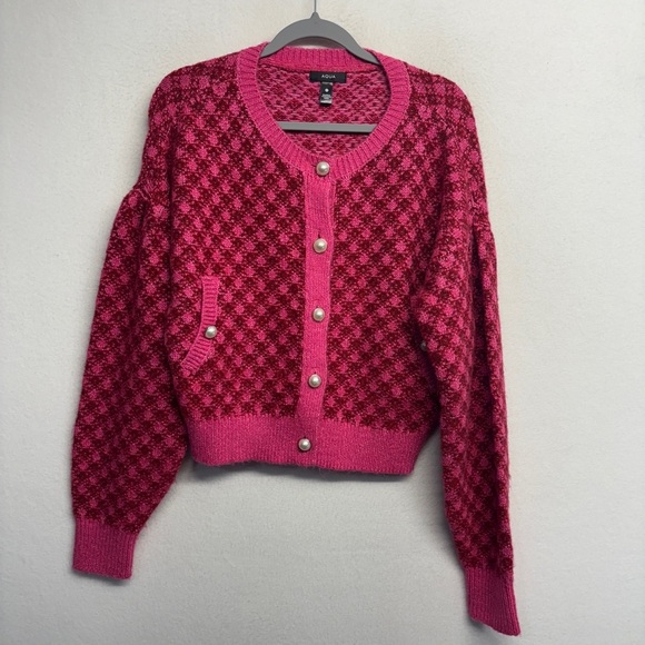 Aqua Faux Imitiation Pearl Preppy Knit Cardigan Pink Red Plaid Check Old Money - Picture 2 of 8